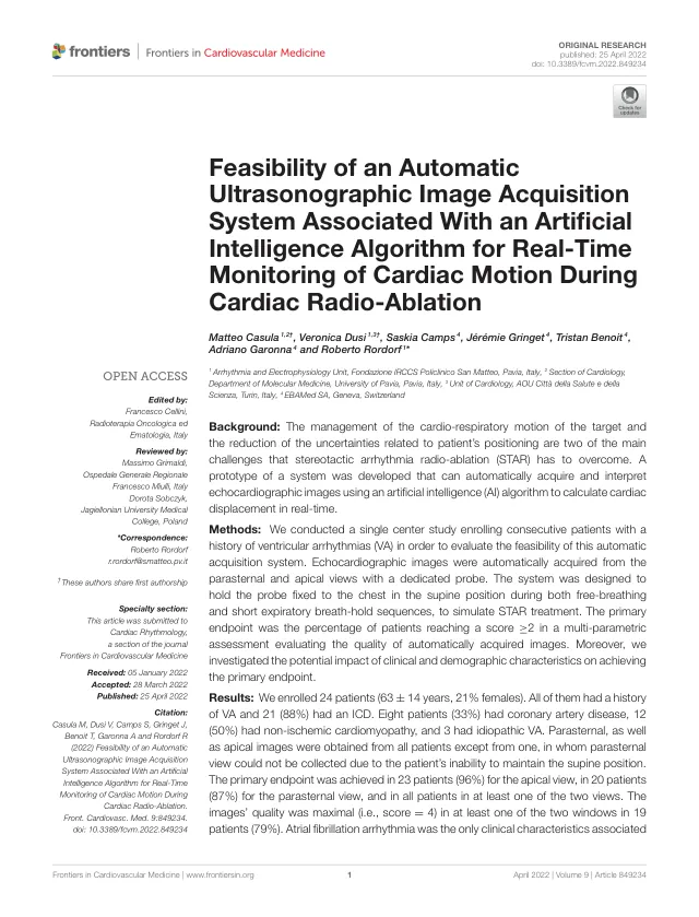 First page of Casula et al., Feasibility of an automatic ultrasonographic image acquisition system associated with an artificial intelligence algorithm for real-time monitoring of cardiac motion during cardiac radio-ablation, Frontiers in Cardiovascular Medicine, 2022.