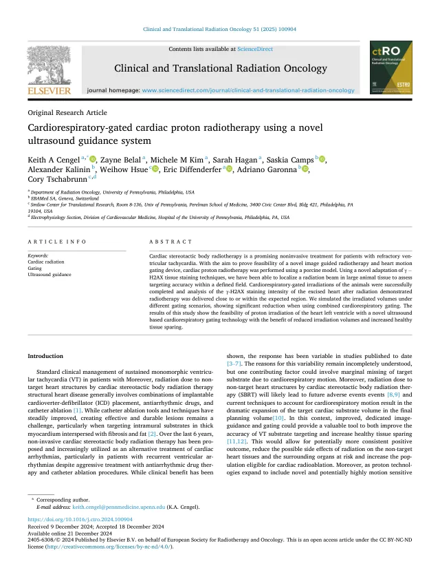 First page of Cengel et al., Cardiorespiratory-gated cardiac proton radiotherapy using a novel ultrasound guidance system, Clinical and Translational Radiation Oncology, 2024.