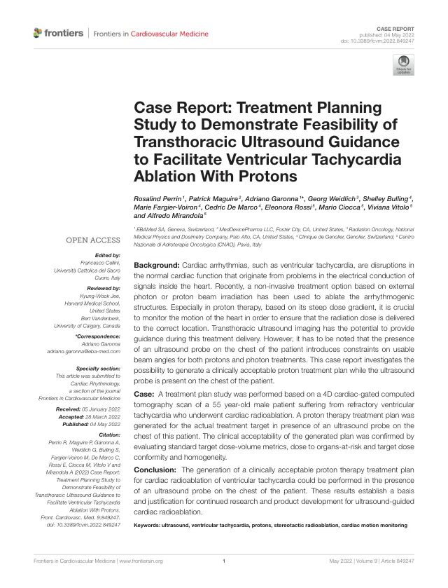 First page of Perrin et al., Case report: treatment planning study to demonstrate feasibility of transthoracic ultrasound guidance to facilitate ventricular tachycardia ablation with protons, Frontiers in Cardiovascular Medicine, 2022.