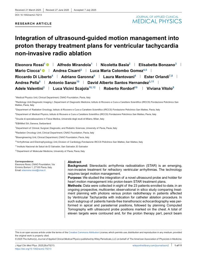 First page of Rossi et al., Integration of ultrasound-guided motion management into proton therapy treatment plans for ventricular tachycardia non-invasive radio ablation, Journal of Applied Clinical Medical Physics, 2025.